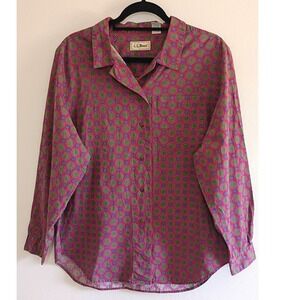 LL Bean Vintage Women's Magenta Medallion Print Button Down Shirt 14 Long Sleeve